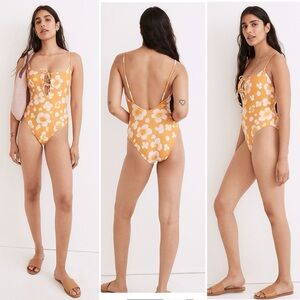 Madewell Second Wave Tie Front One Piece Swimsuit Watercolor Floral